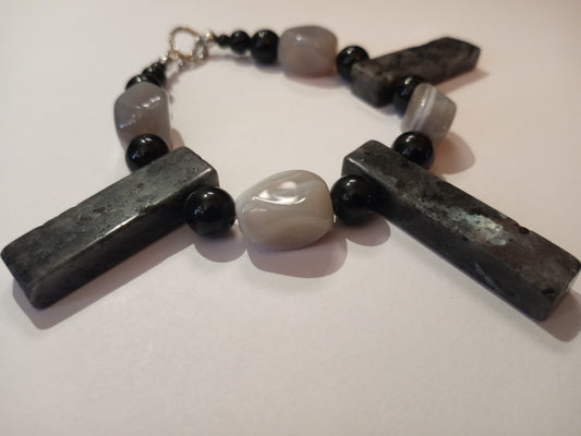 Larvikite, Banded Agate and Obsidian Bracelet