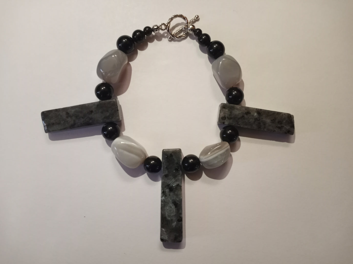 Larvikite, Banded Agate and Obsidian Bracelet